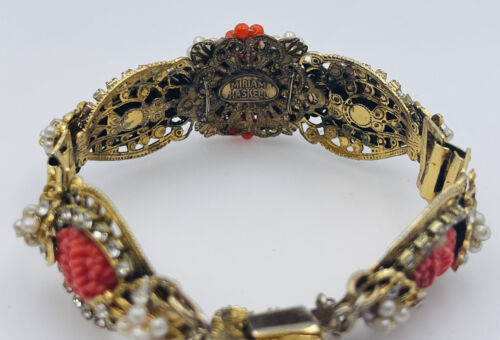Miriam Haskell Vintage Gold Plated Pearl & Pink Orange Celluloid Flower Bracelet - Picture 6 of 8