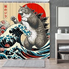 Funny Japanese Cat Shower Curtain Vintage Cat Art Japan Sunset Waterproof Sho...