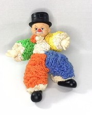 VTG Loop Yarn Hobo Clown 19" Doll Rubber Face Hands Shoes Hat Handmade