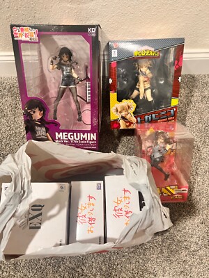 Group 6 Anime Figures, 2 Rent A GirlFriend, 1 KonoSuba, 1 Re:Zero, and, 2 MyHero