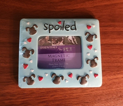 Dog Picture Frame Ceramic Magnetic ''Spoiled'' Aqua Blue Picture Size 2'' x 1.5''