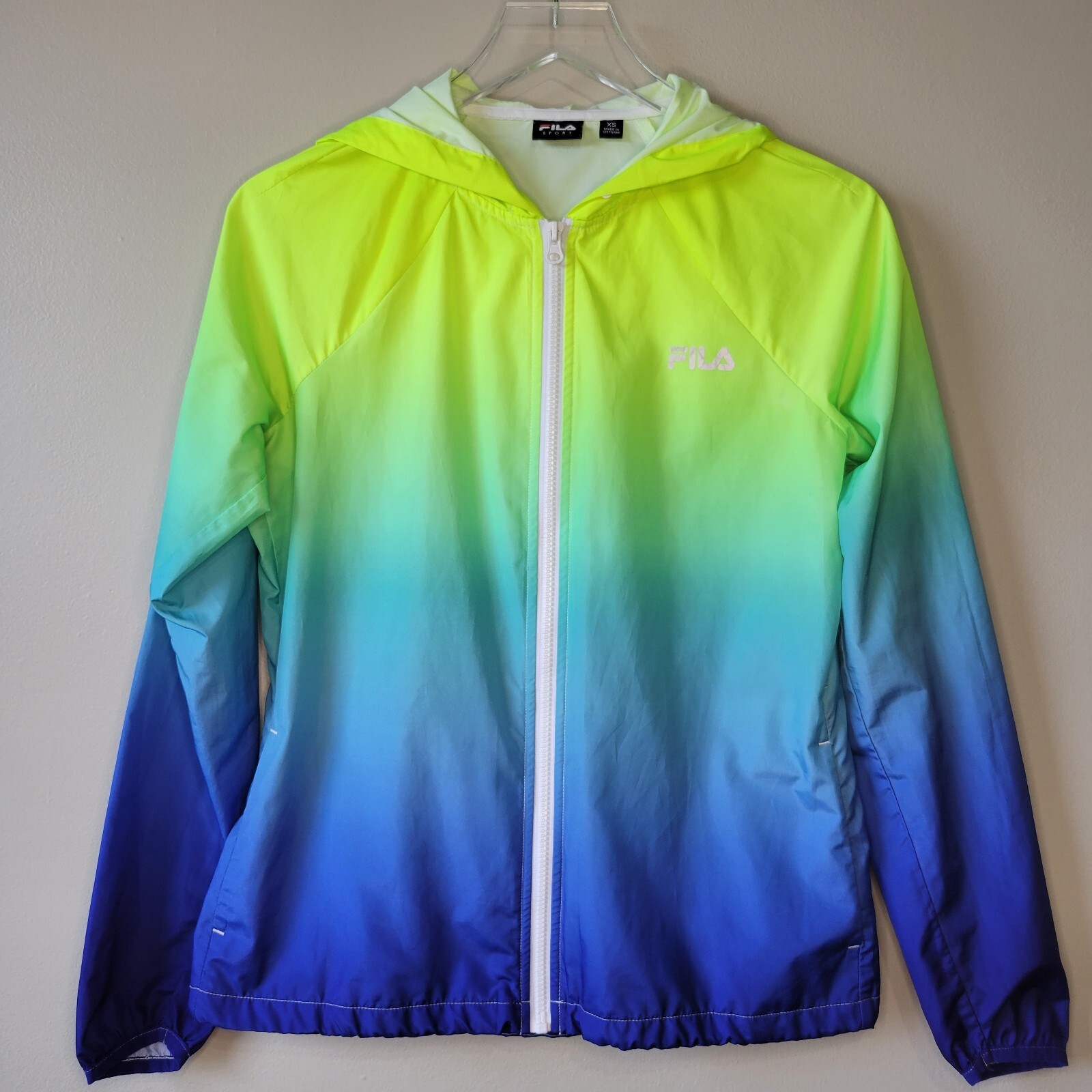 Giacca a vento FILA Sport donna XS con cappuccio leggera verde blu neon ombretto