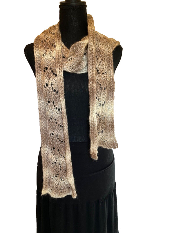 Ob.D. Handmade, Hand Knit Lace Scarf, Variegated Cream & Tan, Acrylic Blend