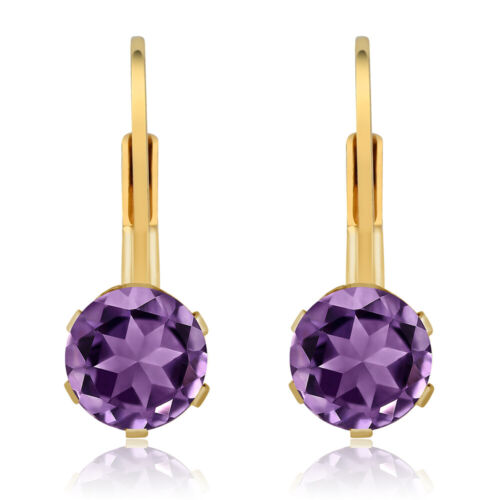 1.50 Ct 6MM Purple Amethyst Gemstone Birthstone Gold Plated Leverback Earrings - Picture 2 of 5