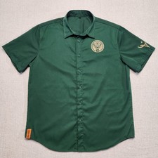 J&auml;germeister Button Up Shirt Green Large Double Sided Logo Bartender Work Camp