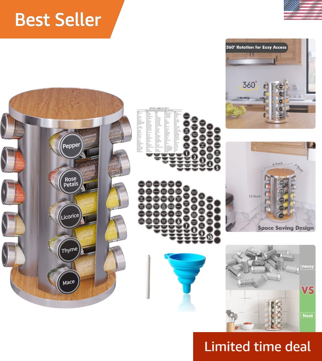 Space-Saving Spice Holder with 20 Jars & Funnel - Ideal for Kitchen Organization