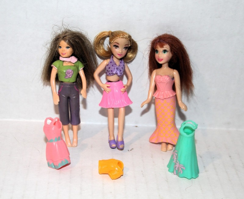 POLLY POCKET Set of 3 DOLLS 4"w/ blonde /red /brown ROOTED HAIR & Rubber Clothes