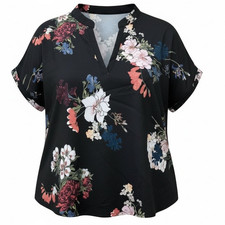 Womens Plus Size Floral Blouse with Notch Neck Cuffed Sleeve Size 3XL