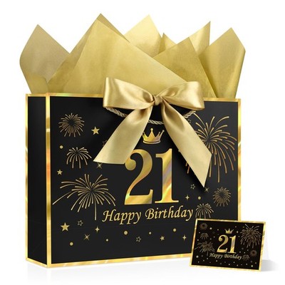 Black Gold 21st Birthday Gift Bag Tissue Papers Greeting Card Ribbon 21 Year