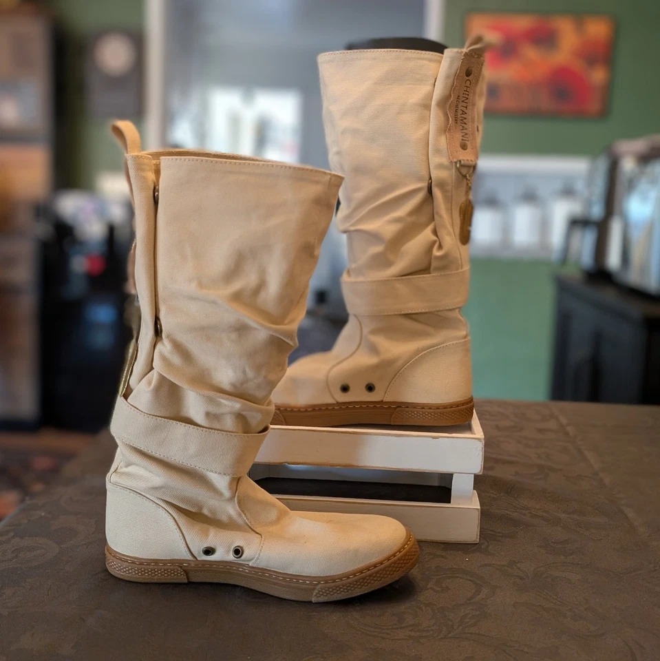 Chintamani Flower of Life Beige Handmade Canvas Boots Size 39 NEW - Image 2 of 4