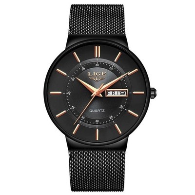 Herren Armbanduhr Mesh mit Datum dünn schlank stylische Sportuhr schwarz