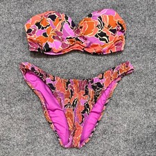 Victoria's Secret Bikini Set Women 34B M Pink Floral Smocked Bandeau High Leg