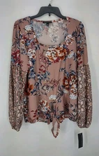 Signature Studio Pullover Front Tie Shirt Size M Floral Multicolor Stretch NWT