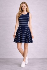 ALICE + OLIVIA Navy Striped Knit Flare Dress Sleeveless Zip Back LARGE