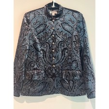 Coldwater Creek Women's Small Blue Black Paisley Crushed Velvet Mandarin Blazer