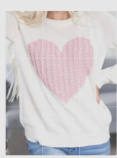 NWOT SZ SMALL Ladies YE MAK Sweater Pink Cable Knit Heart Cream Sweater