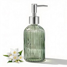 14 Oz Green Glass Soap Dispenser with Silver Plastic Pump, Striped Style