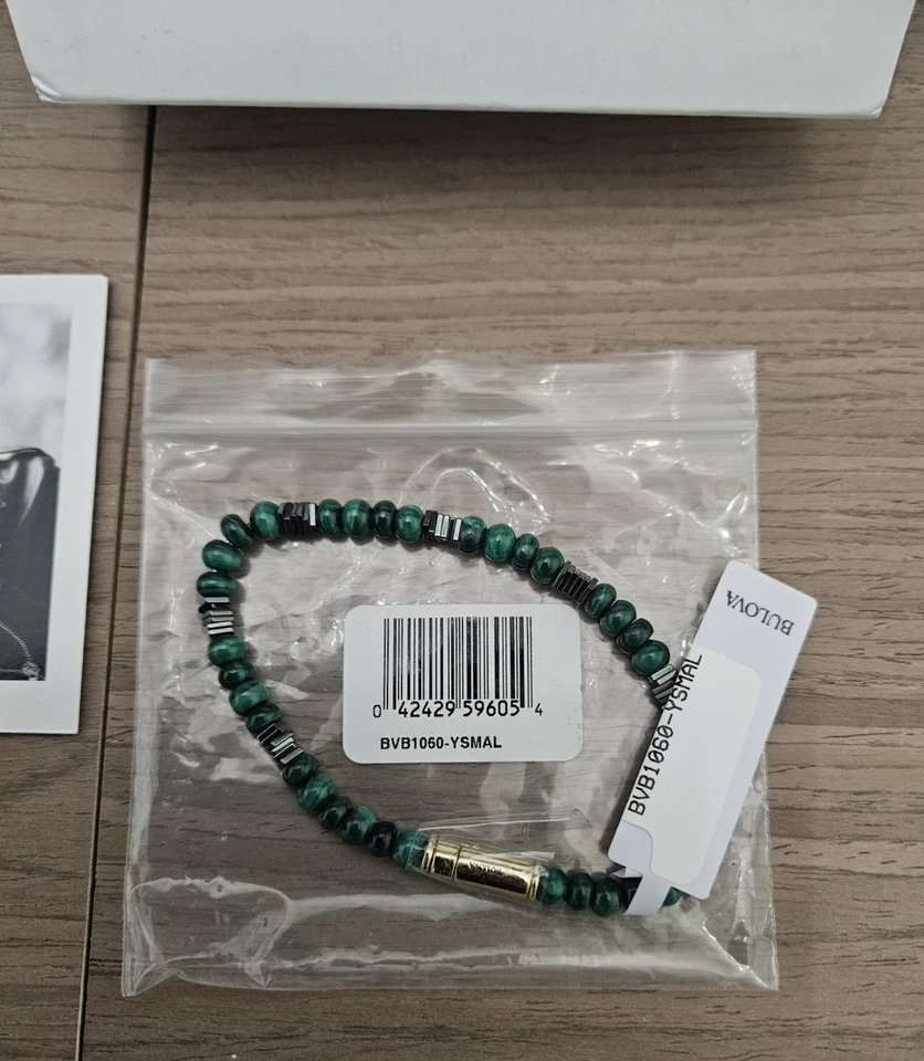 Pulsera BULOVA Hombre 8.5 pulgadas Malaquita Piedra, BVB1060-YSMAL - Oro Verde NEGRO - NUEVO Foto 4 de 4