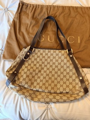 AUTHENTIC Gucci Abbey GG Canvas Tote Bag Beige with Gold