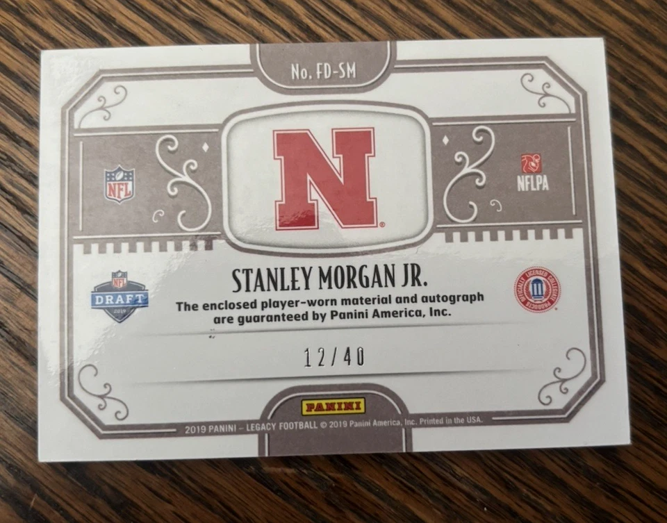 2019 Panini Legacy Futures # 12/40 Stanley Morgan Jr RPA Rookie Dual Patch Auto - Image 2 of 2
