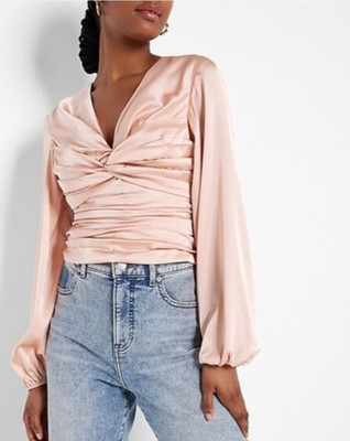 Express Open Tie Back Satin Ruche Front Long Sleeve Satin Blouse Magenta Size SM