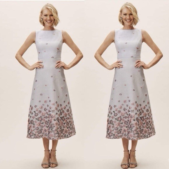 NWOT BHLDN Anthropologie Guilie Blue Floral Midi Cocktail Dress, size 4