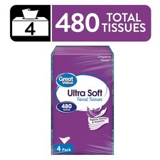 Ultra Soft Facial Tissues, 4 Flat Cartons, 120 Tissues per Flat, 3-Ply