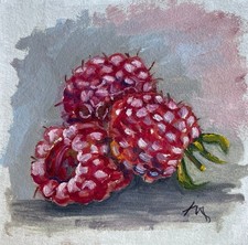 Raspberry Oil Painting Original Tiny Fruit Still Life Miniature Art Food Framed