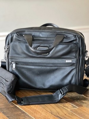Tumi Alpha 3 LEATHER Laptop Organizer Portfolio Brief With Straps and Cord Case