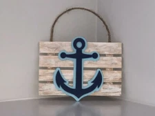 NEW! Nautical Decor Wood Wall Art Navy Blue Anchor Beachy Coastal Cottage