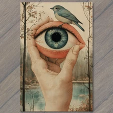 Art Print Weird Blue Bird Perched Eye Hand Creepy Odd Strange Gothic Emo Spooky