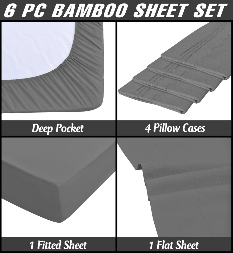 6 Pc Bamboo Sheets Set Deep Pockets Cool Bamboo Sheets Queen King Twin Full Size - Image 2 of 4