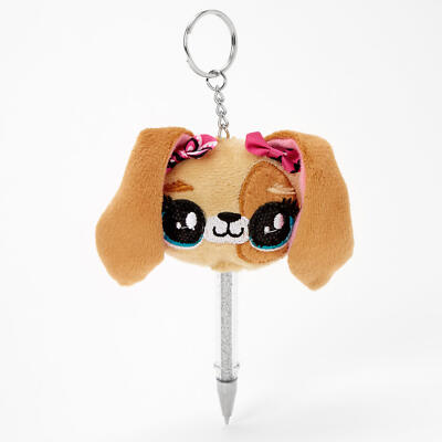 Claire s Plush Brown Puppy Dog Ballpoint Pen W silver Glitter Keychain