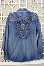 Roar Button Up Shirt Mens L Blue Embroidered Rock Double Sided Chambray