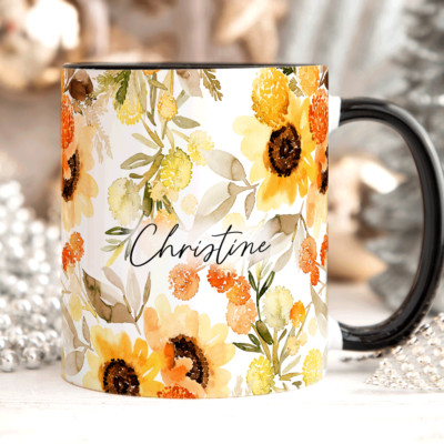 Personalisierte Namenstasse SONNENBLUMEN, Personalisierte Tasse mit individuellem Namen, Kaffeetasse