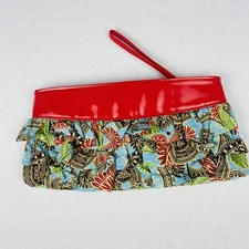 Mudpie Bag Lady Wristlet Boho Paisley Ruffle Clutch Cotton Zip Closure Red Blue
