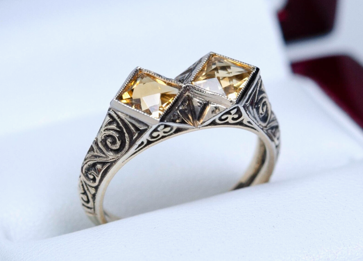 835 Silver, Gold Plated Antique Art Deco Ring Citrine