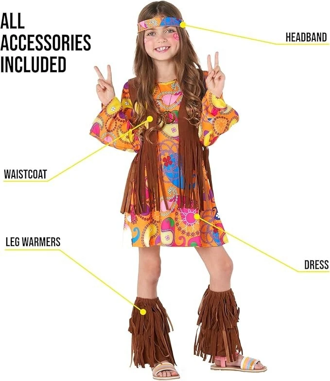 Fantasia hippie infantil feminina década de 1970 vestido floral hippie P - XL flor criança Halloween - Imagem 2 de 4