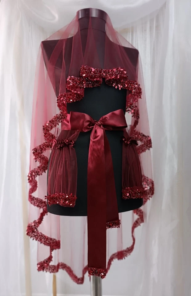 Juego de velo de novia borgoña, juego de 4 cuentas de henna con lentejuelas piedra de agua con estampado de hojas Foto 4 de 4