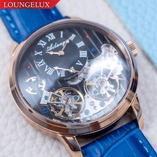 Mens Double Flywheel Luxury Bling Skeleton Automatic Leather Watch
