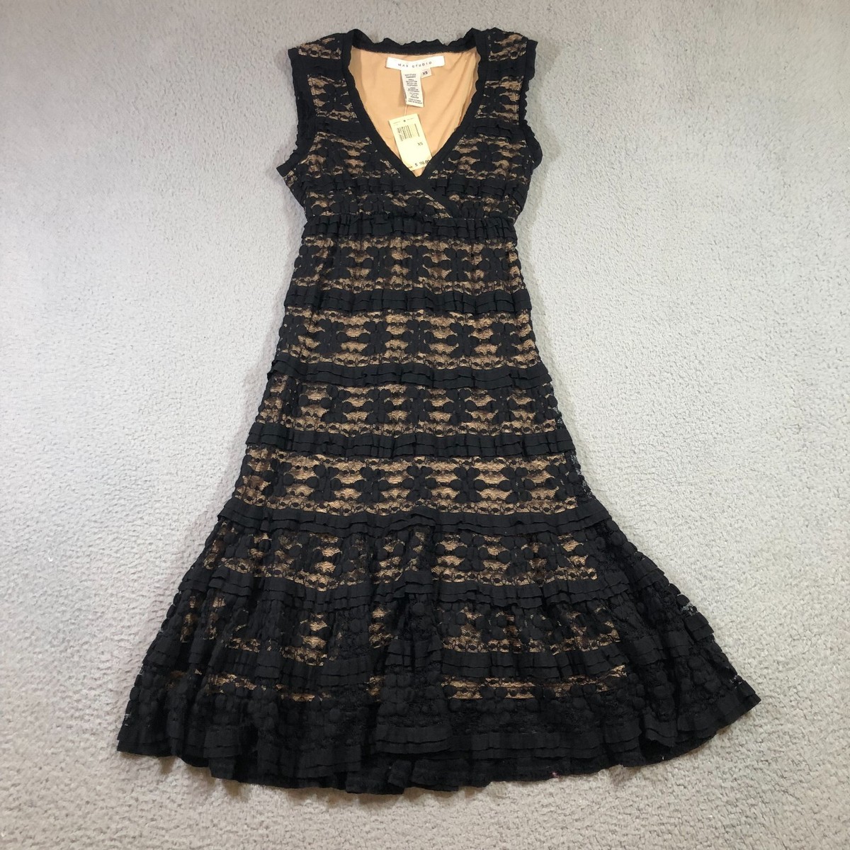 max studio dress womens XS black crochet 2 layer midi