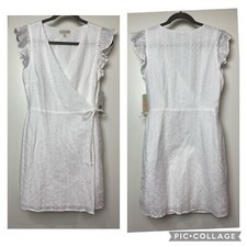 GB White Wrap Dress Women’s Juniors Sz Medium V-Neck Eyelet Ruffle New Side Tie