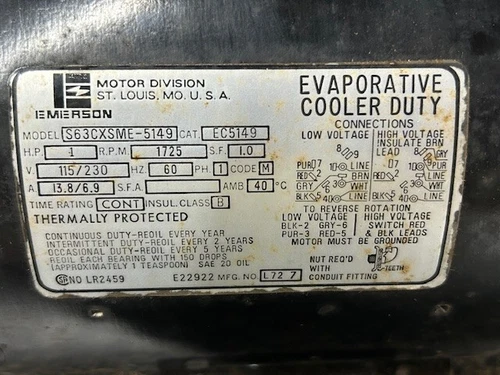 Emerson EC514 Evaporative Cooler Duty Motor HP-1 Amps 13.8/6.9 115/230V 1725RPM