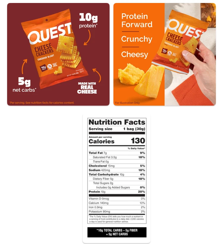 Galletas Quest Cheese, sabor Cheddar Blast, 10 g de proteína 5 g de carbohidratos - 20 paquetes Foto 2 de 2