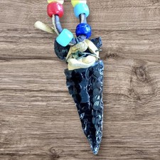 Vtg Serrated Translucent Obsidian Arrowhead Oregon Rawhide Leather Pendant