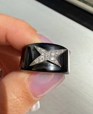 Mauboussin 18K White Gold Diamond Band Ring Black Ceramic Etoile Du Demon