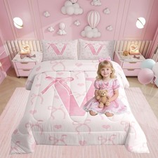 Pink Butterfly Knot Comforter Set Queen Size for Teen Girls Geometric Alphabe...