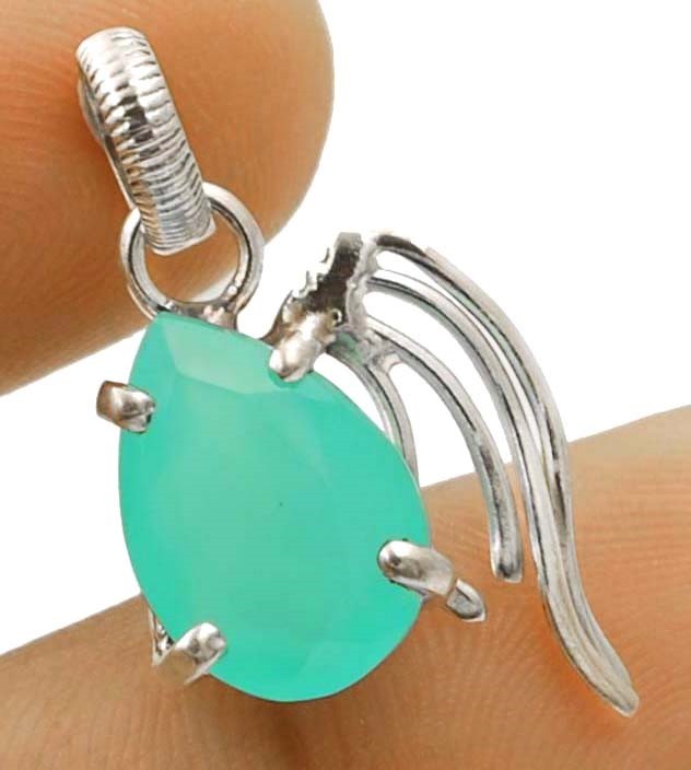 Natural Aquamarine Chalcedony 925 Sterling Silver Pendant 1 1/4'' Long @1-9