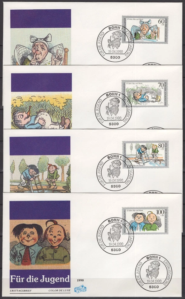 Germany 1990 Mi 1455-1458 full set FDC x 4, Max + Moritz, Wilhelm Busch Comics! - Image 2 of 3