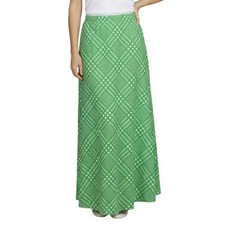 VINTAGE Green Plaid Maxi Skirt   1970's Boho Mod Retro A-Line Poly-Knit Size S